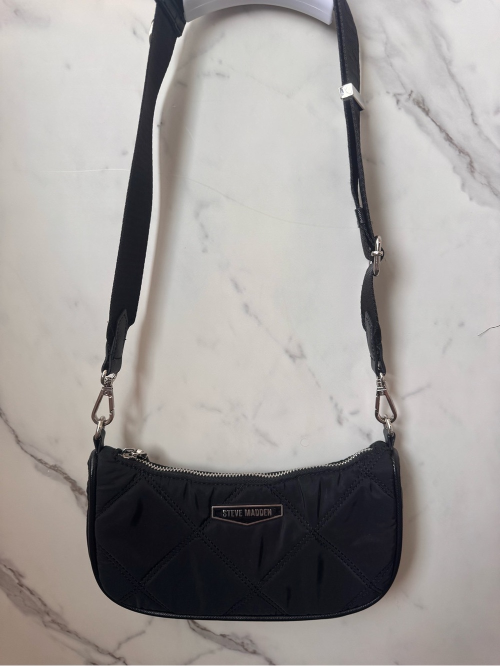 Steve Madden Black Quilted Shoulder-Crossbody with Branded Wide Strap